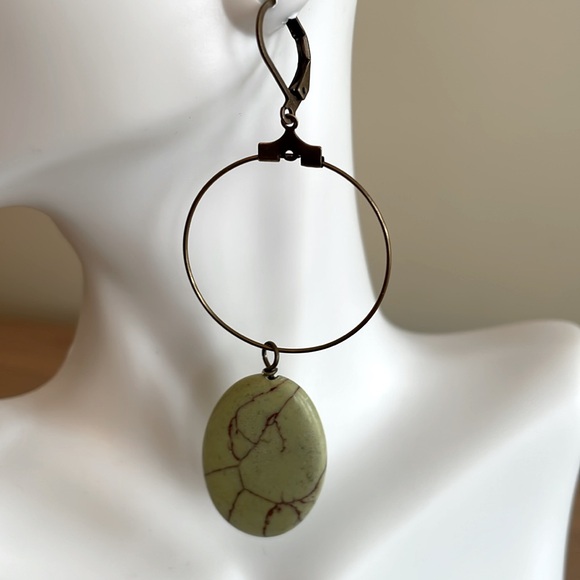 Hand Crafted Jewelry - HAND CRAFTED PIERCED HOOP EARRINGS Green Brown Antiqued Brass Dangles Drops Hoop